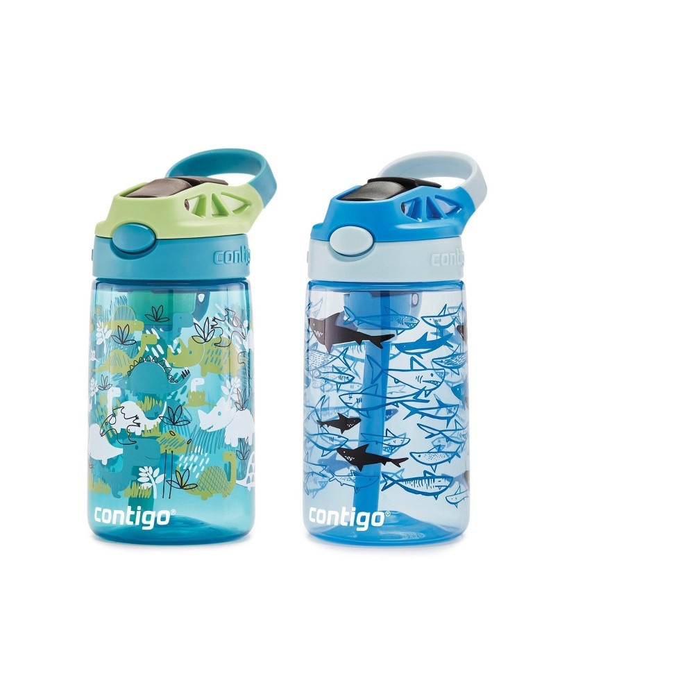 slide 3 of 7, Contigo 14oz Kids Water Bottle with Redesigned AutoSpout Straw 2-Pack Dino and Sharks, 2 ct