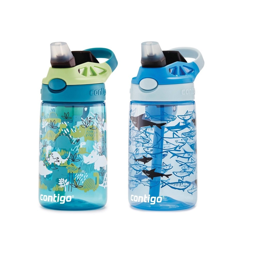 slide 4 of 7, Contigo 14oz Kids Water Bottle with Redesigned AutoSpout Straw 2-Pack Dino and Sharks, 2 ct