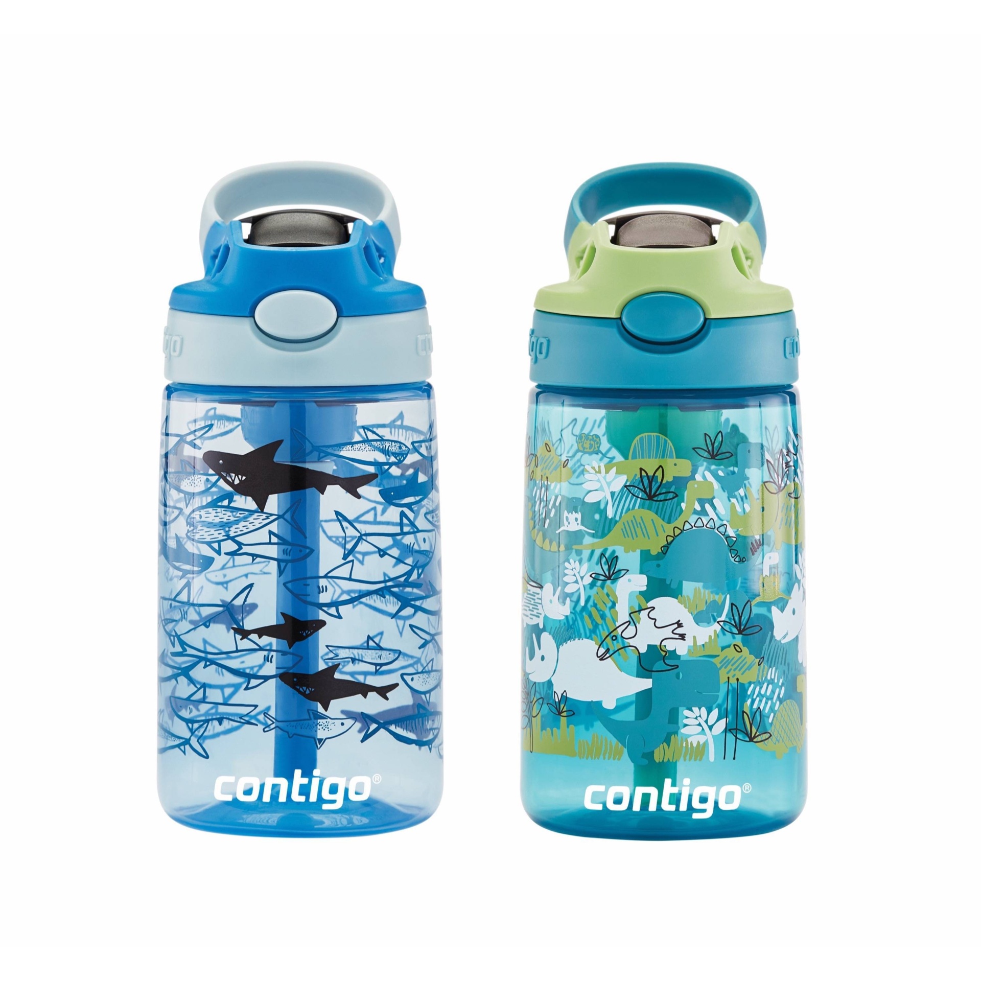 slide 1 of 7, Contigo 14oz Kids Water Bottle with Redesigned AutoSpout Straw 2-Pack Dino and Sharks, 2 ct