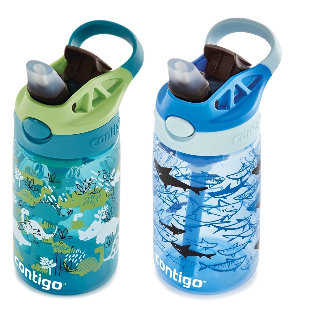 slide 6 of 7, Contigo 14oz Kids Water Bottle with Redesigned AutoSpout Straw 2-Pack Dino and Sharks, 2 ct