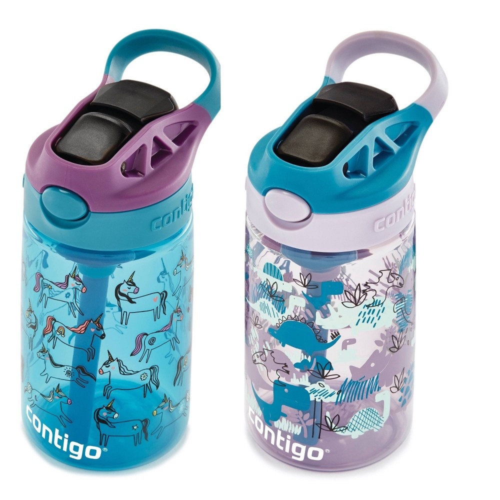 slide 2 of 4, Contigo Plastic Unicorns and Dinos Kids' Water Bottles with Autospout Straws, 14 oz, 2 ct