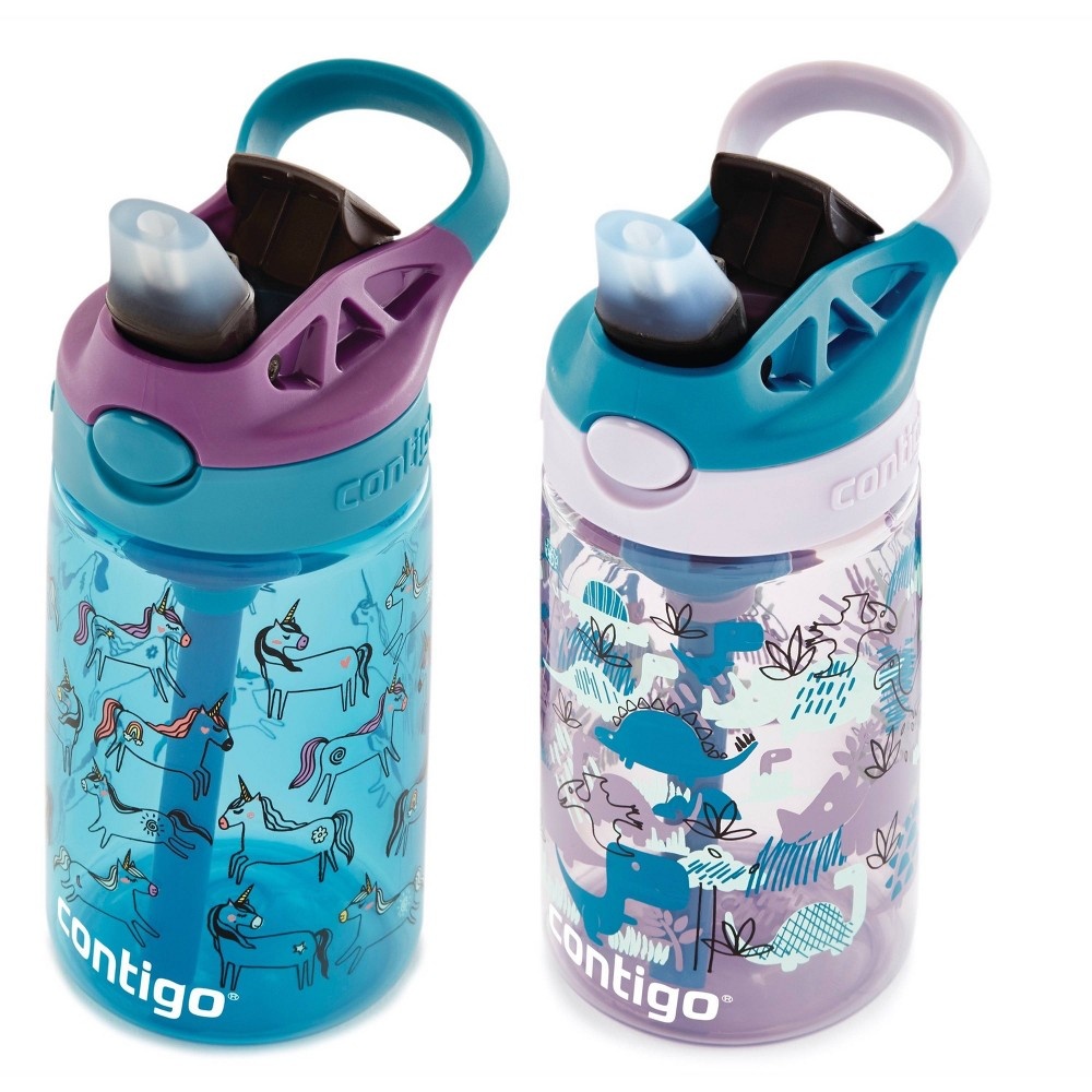 slide 3 of 4, Contigo Plastic Unicorns and Dinos Kids' Water Bottles with Autospout Straws, 14 oz, 2 ct