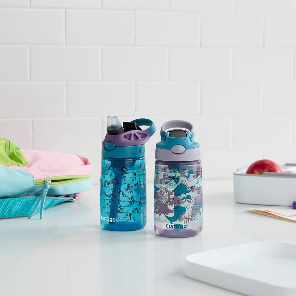 slide 4 of 4, Contigo Plastic Unicorns and Dinos Kids' Water Bottles with Autospout Straws, 14 oz, 2 ct