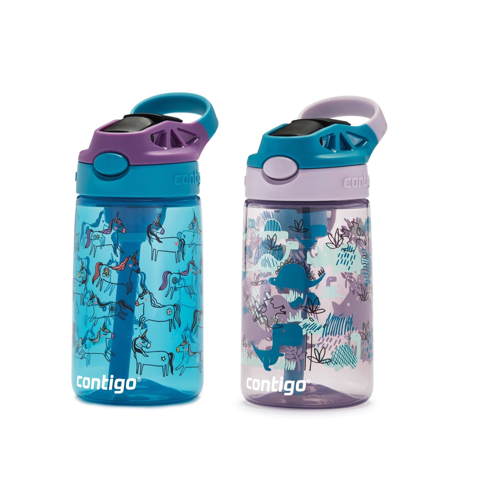 slide 1 of 4, Contigo Plastic Unicorns and Dinos Kids' Water Bottles with Autospout Straws, 14 oz, 2 ct