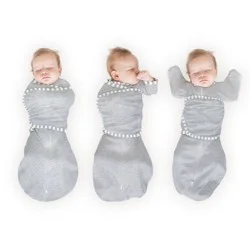 SwaddleDesigns Omni Swaddle Wrap & Arms up Sleeves & Mitten Cuffs - Heathered Gray with Stripe Trim 0-3 Months