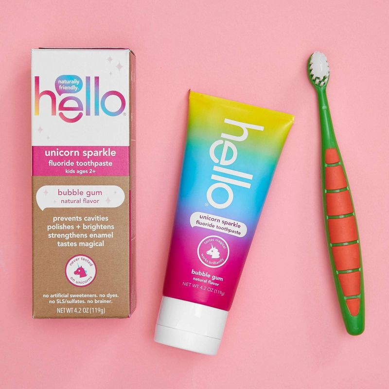 slide 9 of 13, hello Kids' Unicorn Sparkle SLS Free + Vegan Fluoride Toothpaste - Natural Bubble Gum Flavor - 4.2oz, 4.2 oz