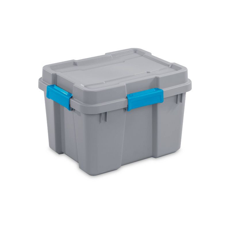 slide 2 of 8, Sterilite 20gal Gasket Tote Gray with Blue Latches: Stackable Plastic Storage Bin with Lid & Handles, Universal Utility Tubs, 20 gal