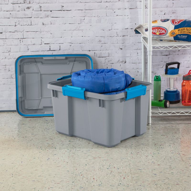 slide 3 of 8, Sterilite 20gal Gasket Tote Gray with Blue Latches: Stackable Plastic Storage Bin with Lid & Handles, Universal Utility Tubs, 20 gal