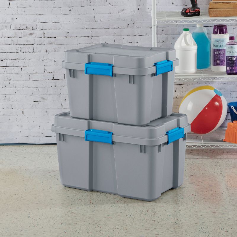 slide 4 of 8, Sterilite 20gal Gasket Tote Gray with Blue Latches: Stackable Plastic Storage Bin with Lid & Handles, Universal Utility Tubs, 20 gal