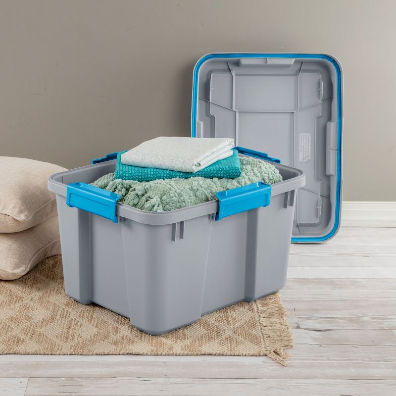 slide 5 of 8, Sterilite 20gal Gasket Tote Gray with Blue Latches: Stackable Plastic Storage Bin with Lid & Handles, Universal Utility Tubs, 20 gal
