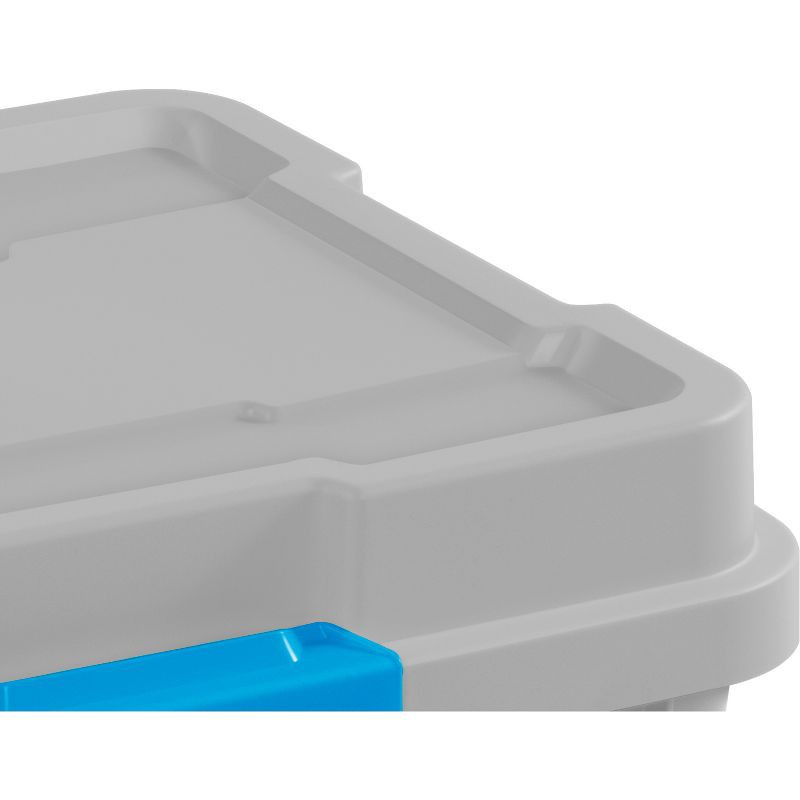 slide 6 of 8, Sterilite 20gal Gasket Tote Gray with Blue Latches: Stackable Plastic Storage Bin with Lid & Handles, Universal Utility Tubs, 20 gal