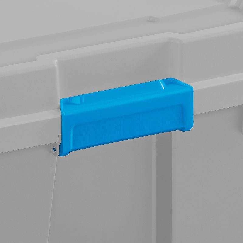 slide 7 of 8, Sterilite 20gal Gasket Tote Gray with Blue Latches: Stackable Plastic Storage Bin with Lid & Handles, Universal Utility Tubs, 20 gal
