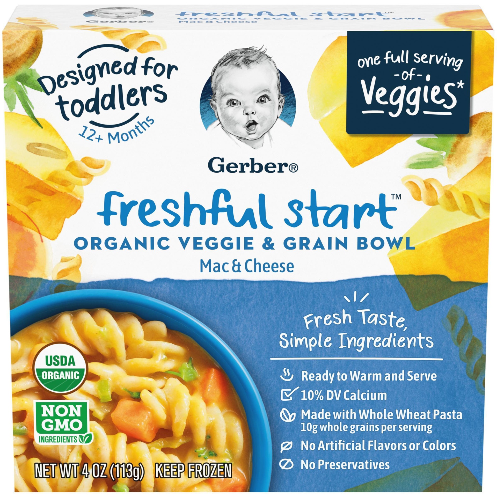 slide 1 of 6, Gerber Freshful Start Frozen organic Veggie and Grain Bowl Mac & Cheese, 4 oz