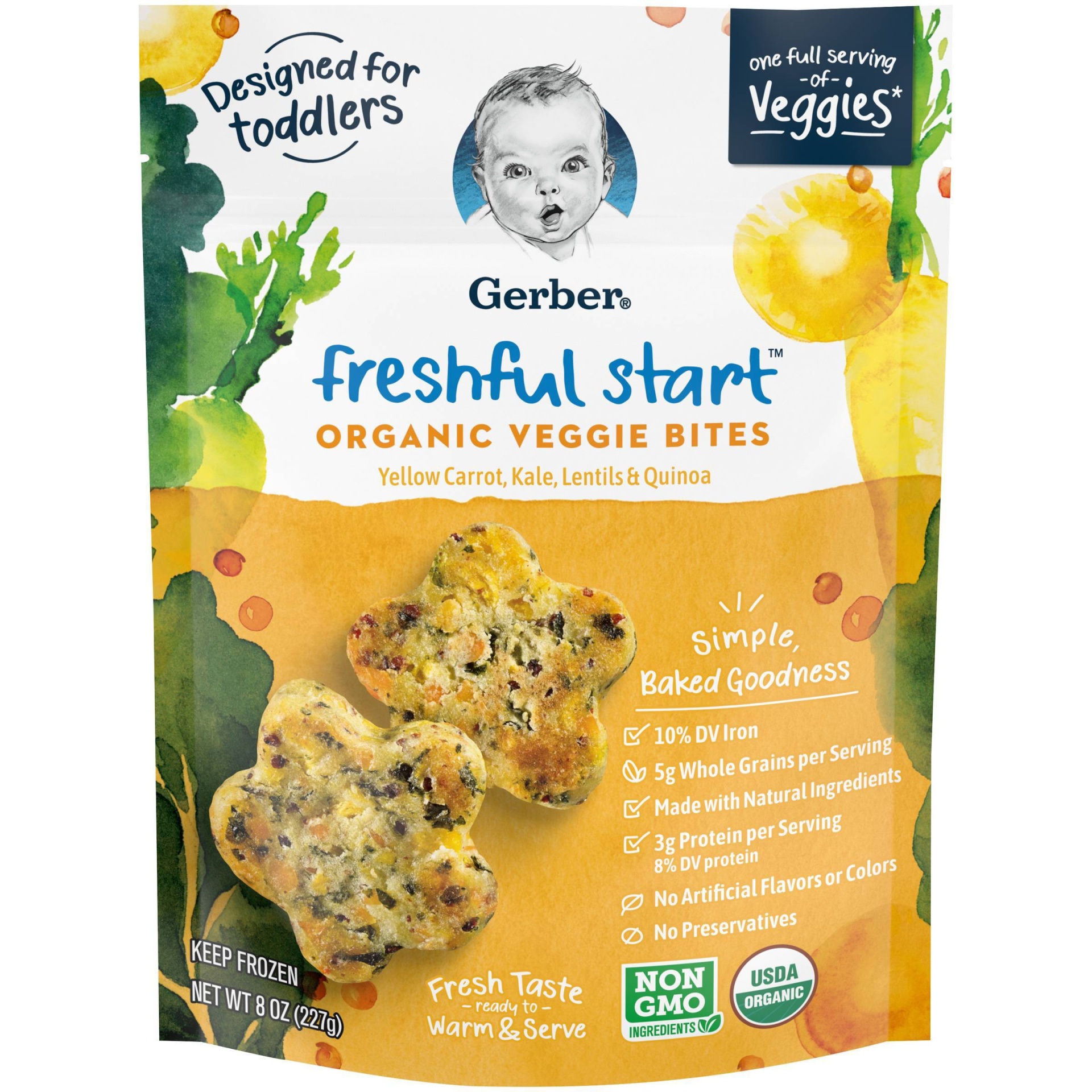 slide 1 of 8, Gerber Freshful Start Frozen Organic Veggie Bites Yellow Carrot, Kale, Lentils & Quinoa, 8 oz