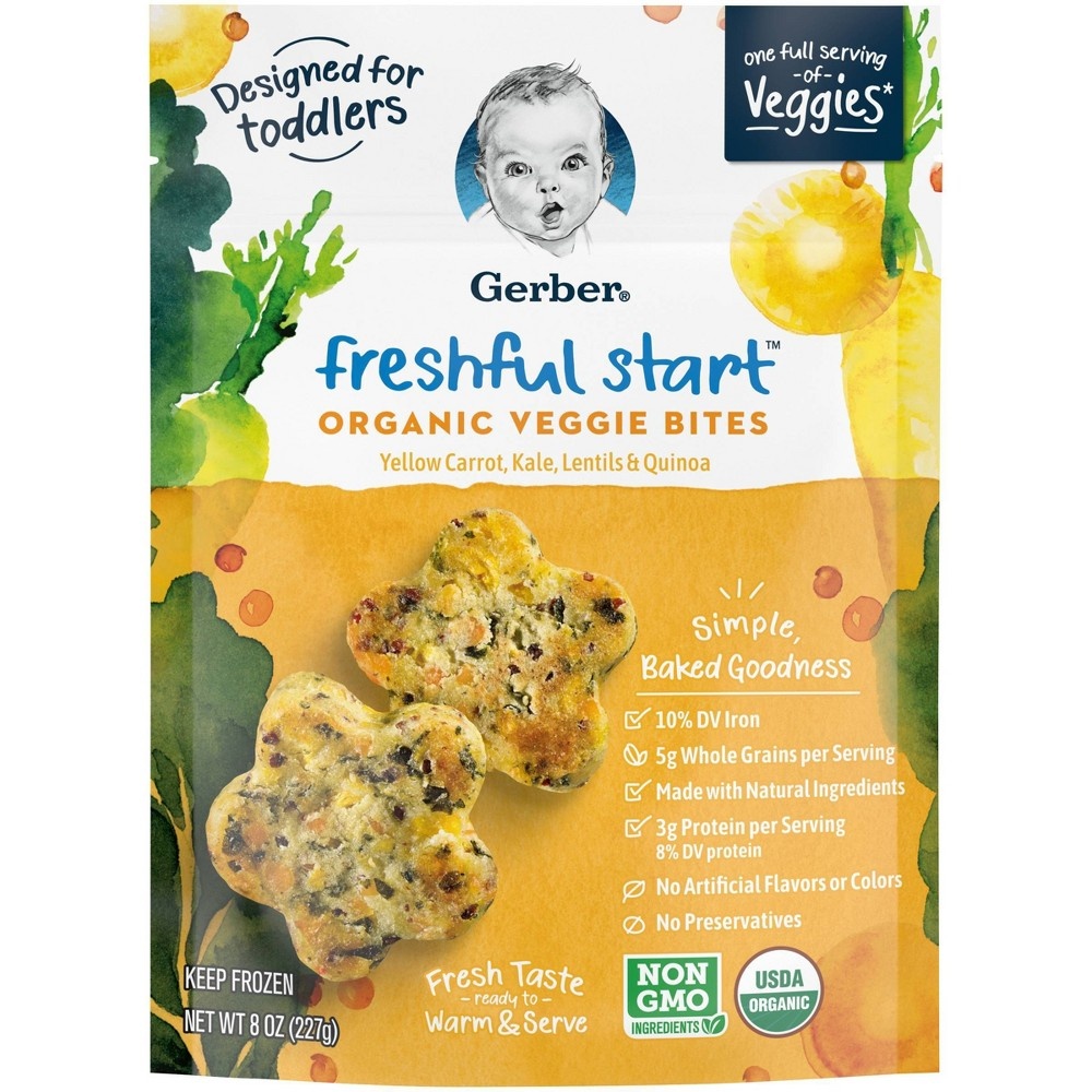 slide 7 of 8, Gerber Freshful Start Frozen Organic Veggie Bites Yellow Carrot, Kale, Lentils & Quinoa, 8 oz