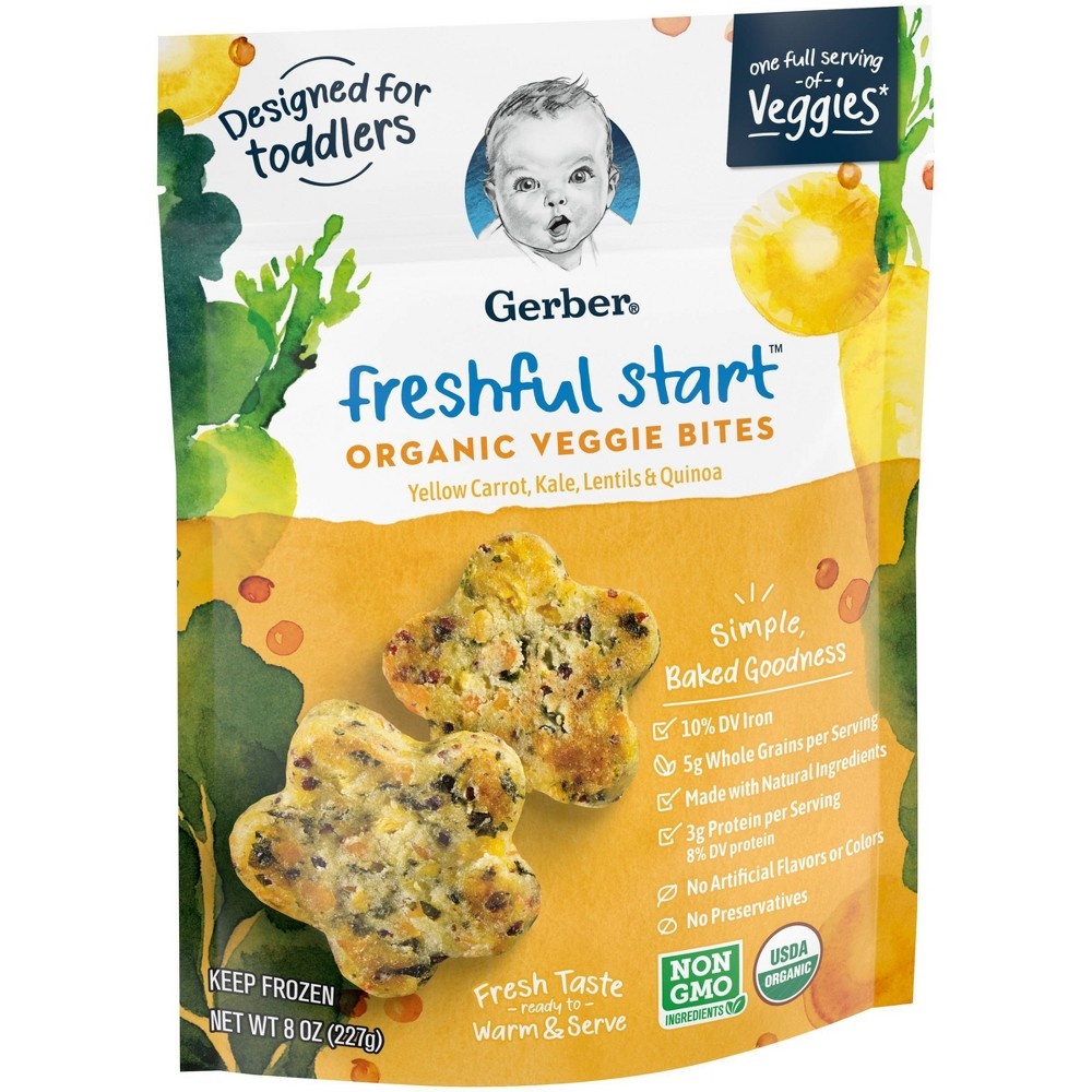 slide 4 of 8, Gerber Freshful Start Frozen Organic Veggie Bites Yellow Carrot, Kale, Lentils & Quinoa, 8 oz