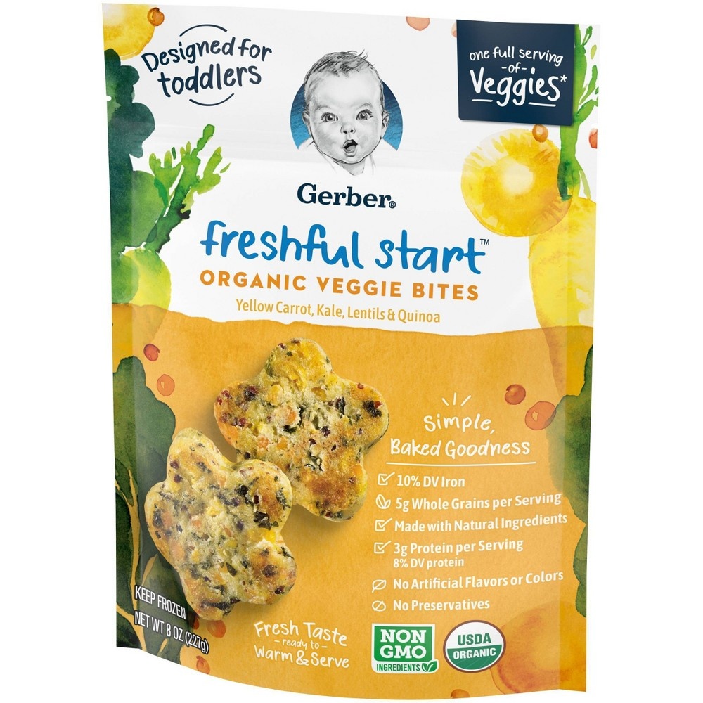 slide 5 of 8, Gerber Freshful Start Frozen Organic Veggie Bites Yellow Carrot, Kale, Lentils & Quinoa, 8 oz