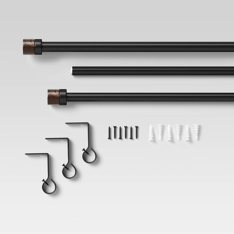 slide 2 of 3, 66"-120" Walnut Wood Cap Curtain Rod Black - Threshold™: Adjustable Metal Single Rod, 30lb Capacity, 30 lb