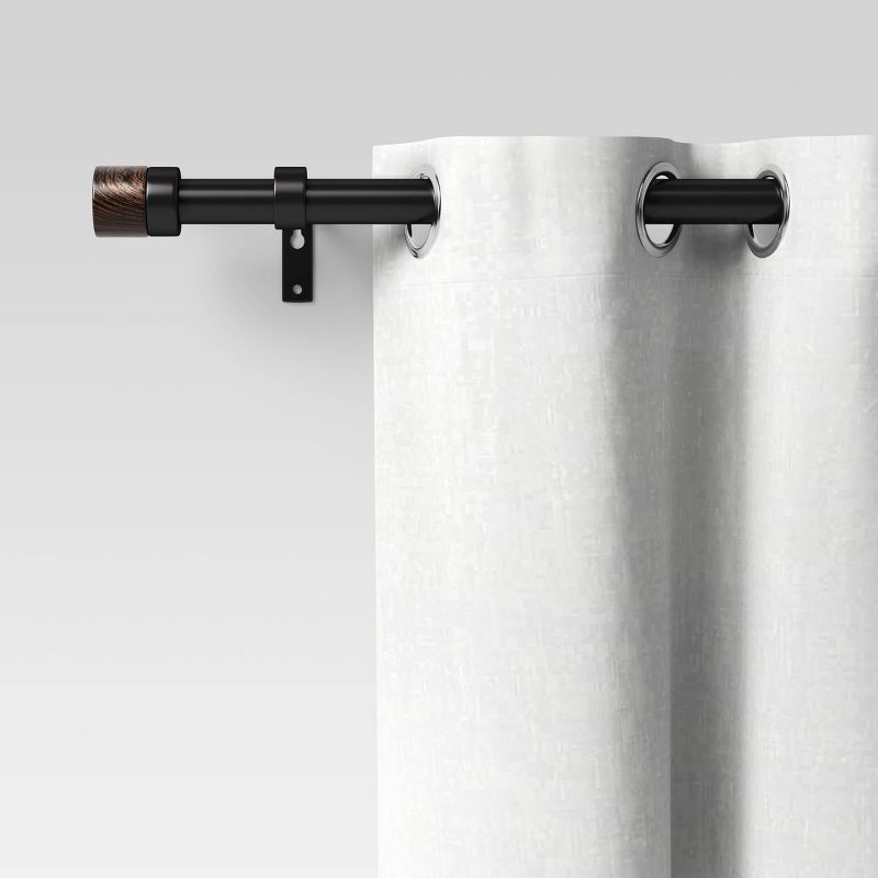 slide 3 of 3, 66"-120" Walnut Wood Cap Curtain Rod Black - Threshold™: Adjustable Metal Single Rod, 30lb Capacity, 30 lb