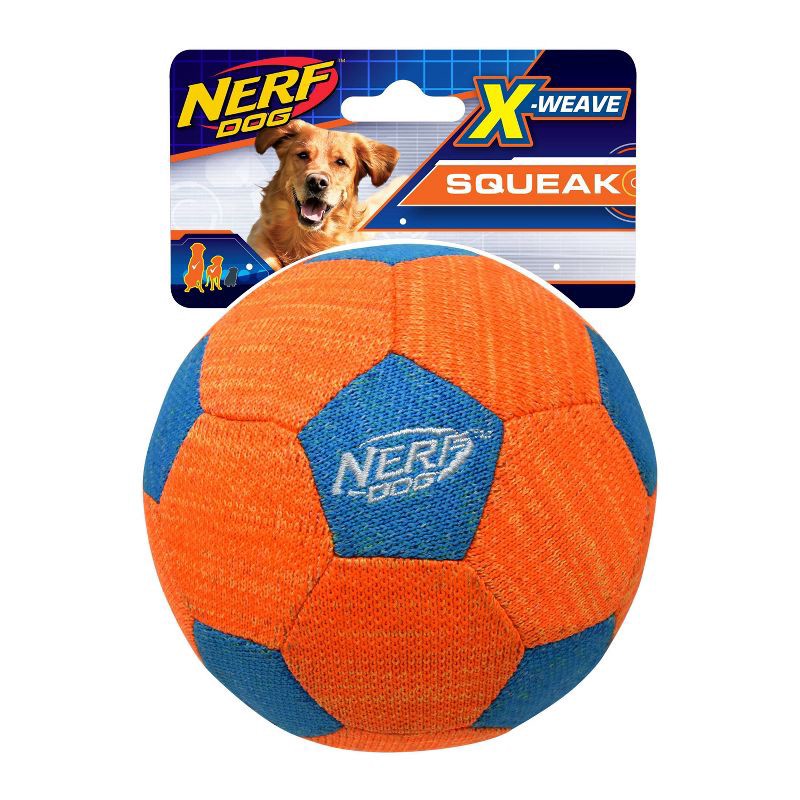 slide 2 of 3, NERF X-Weave Soccer Squeak Ball Dog Toy - Orange/Blue - S, 1 ct