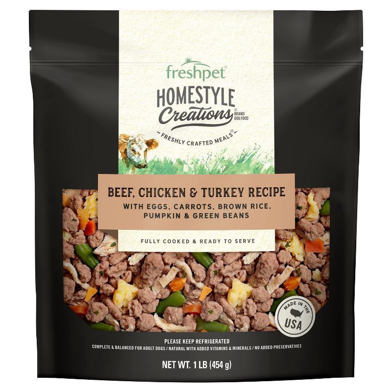 slide 1 of 8, Freshpet Homestyle Creations Chopped Beef Veggies & Brown Rice Entrée Wet Dog Food, 1lb, 1 lb