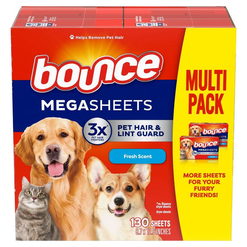 slide 2 of 14, Bounce Fresh Scent Pet Hair and Lint Guard Mega Fabric Softener Dryer Sheets - 130ct, 130 ct