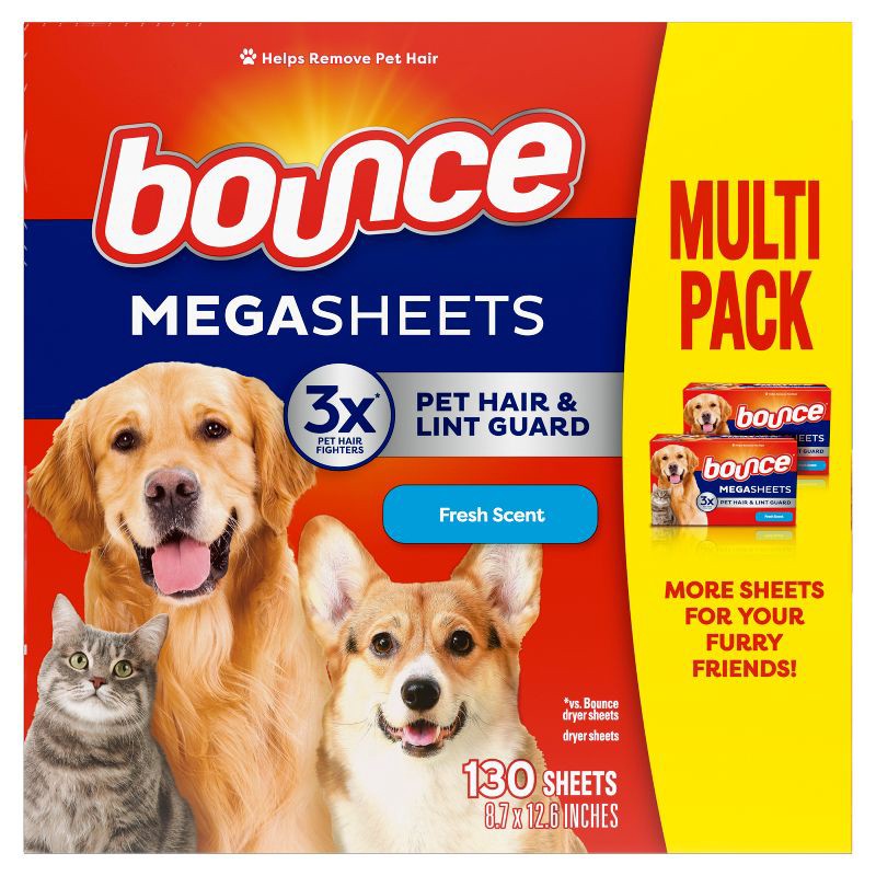 slide 2 of 8, Bounce Fresh Scent Pet Hair and Lint Guard Mega Fabric Softener Dryer Sheets - 130ct, 130 ct