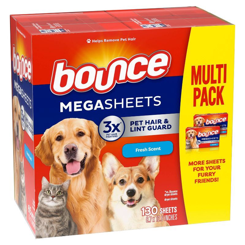 slide 3 of 14, Bounce Fresh Scent Pet Hair and Lint Guard Mega Fabric Softener Dryer Sheets - 130ct, 130 ct