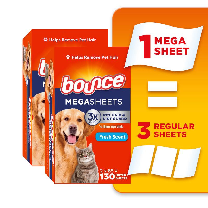 slide 1 of 8, Bounce Fresh Scent Pet Hair and Lint Guard Mega Fabric Softener Dryer Sheets - 130ct, 130 ct