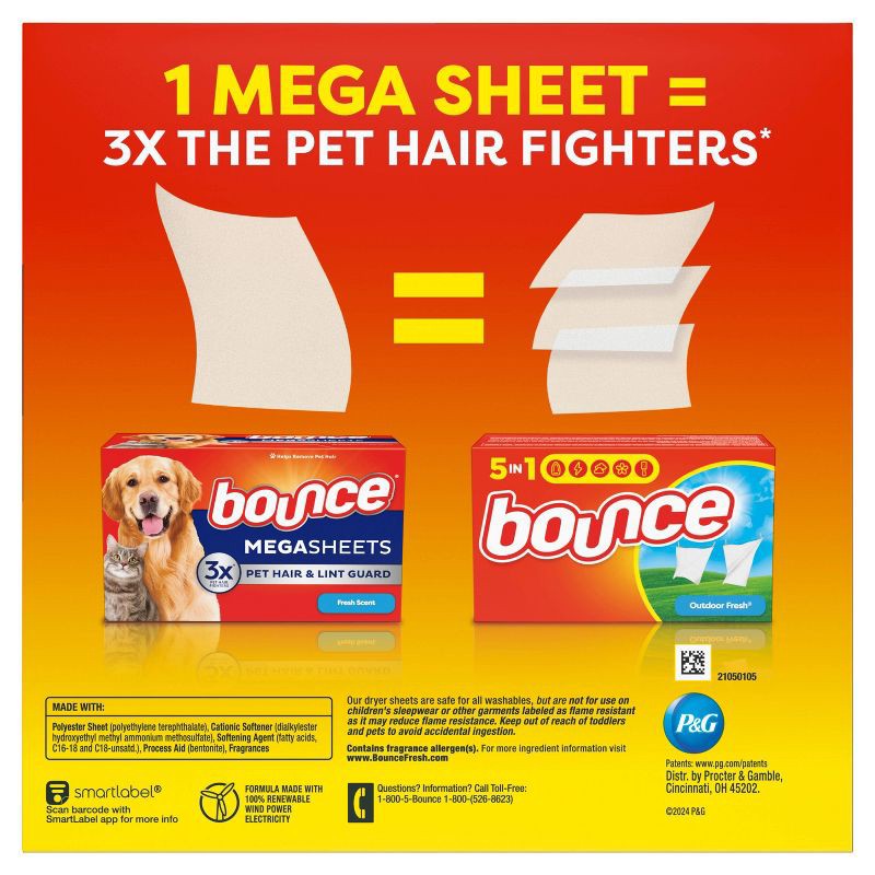 slide 8 of 8, Bounce Fresh Scent Pet Hair and Lint Guard Mega Fabric Softener Dryer Sheets - 130ct, 130 ct