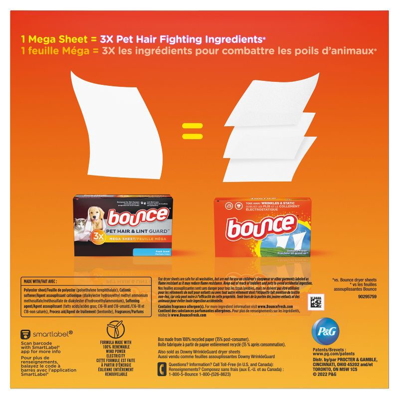 slide 9 of 14, Bounce Fresh Scent Pet Hair and Lint Guard Mega Fabric Softener Dryer Sheets - 130ct, 130 ct