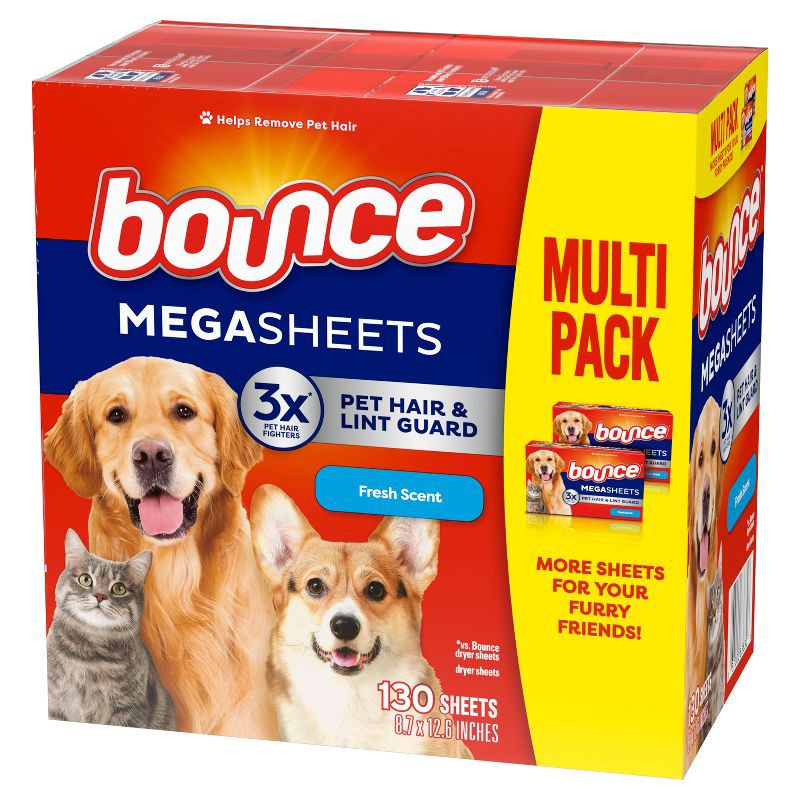 slide 11 of 11, Bounce Fresh Scent Pet Hair and Lint Guard Mega Fabric Softener Dryer Sheets - 130ct, 130 ct