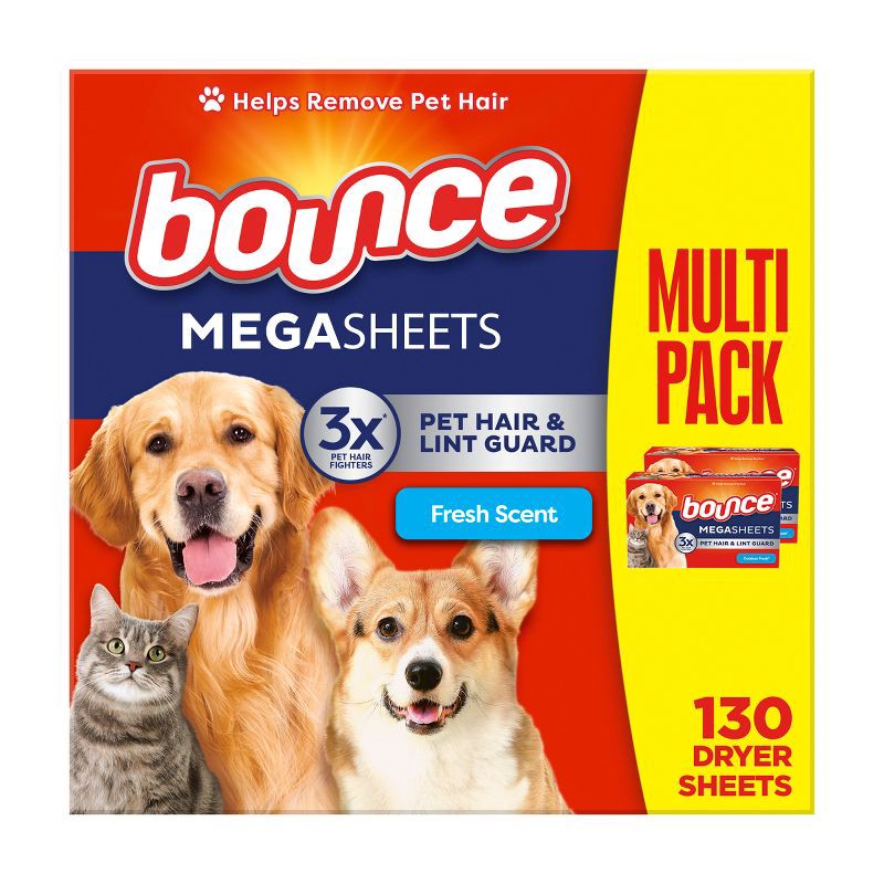 slide 1 of 11, Bounce Fresh Scent Pet Hair and Lint Guard Mega Fabric Softener Dryer Sheets - 130ct, 130 ct