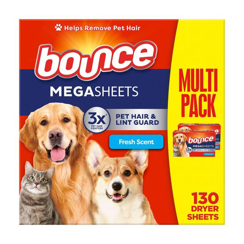 slide 1 of 14, Bounce Fresh Scent Pet Hair and Lint Guard Mega Fabric Softener Dryer Sheets - 130ct, 130 ct