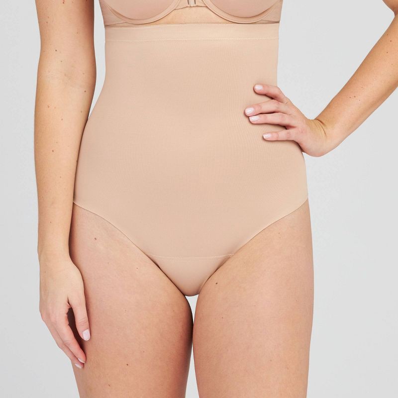 slide 1 of 3, ASSETS by SPANX Women's Flawless Finish High-Waist Shaping Thong - Beige S: Medium Control, Tummy & Waist Slimming, Firm Compression, 1 ct