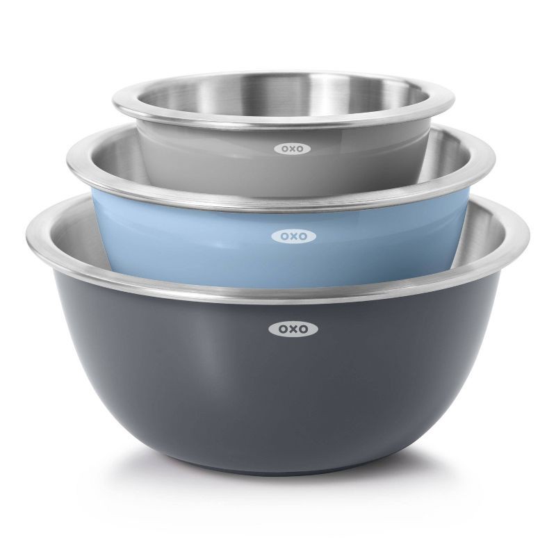 slide 1 of 8, OXO 3pc Insulated Stainless Steel Mixing Bowl Set - Gray, 3 ct