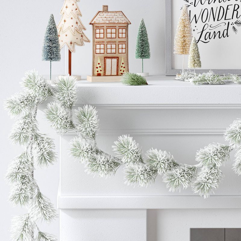 slide 2 of 3, 5' Unlit Flocked Greenery Christmas Artificial Garland White/Green - Wondershop™: Indoor Tabletop Decor, PVC Material, 1 ct