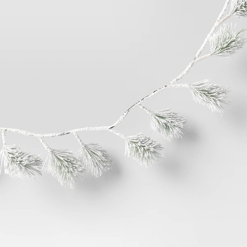 slide 3 of 3, 5' Unlit Flocked Greenery Christmas Artificial Garland White/Green - Wondershop™: Indoor Tabletop Decor, PVC Material, 1 ct