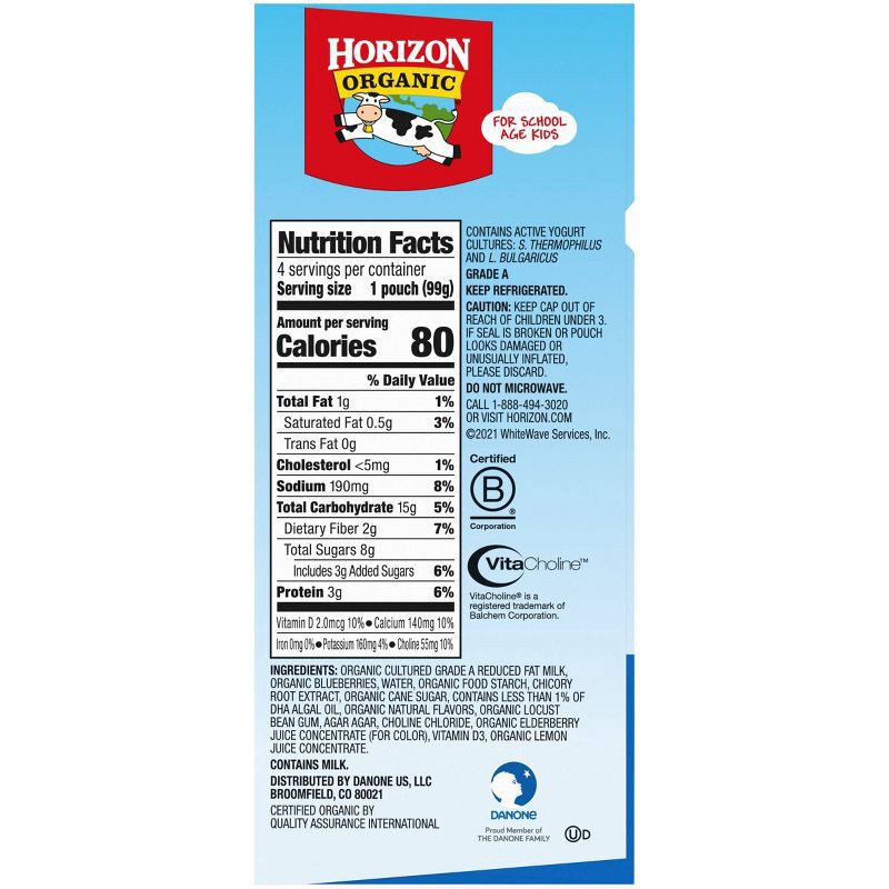 slide 5 of 8, Horizon Organic Growing Years Low Fat Blueberry Kids' Yogurt with DHA Omega-3 and Choline - 4ct/3.5oz Pouches, 4 ct; 3.5 oz