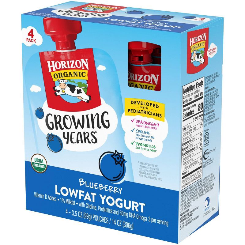 slide 6 of 8, Horizon Organic Growing Years Low Fat Blueberry Kids' Yogurt with DHA Omega-3 and Choline - 4ct/3.5oz Pouches, 4 ct; 3.5 oz