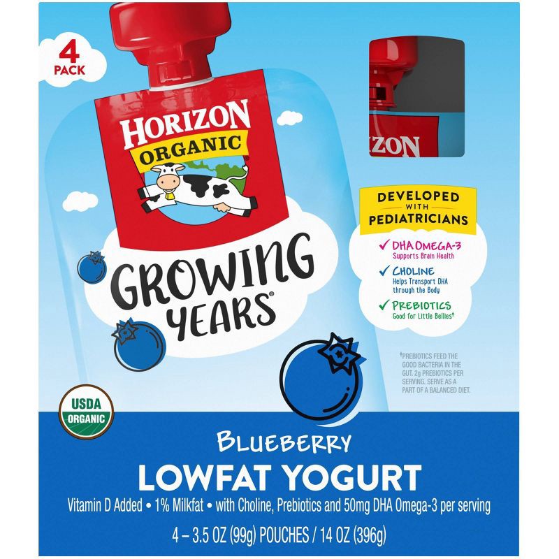 slide 8 of 8, Horizon Organic Growing Years Low Fat Blueberry Kids' Yogurt with DHA Omega-3 and Choline - 4ct/3.5oz Pouches, 4 ct; 3.5 oz