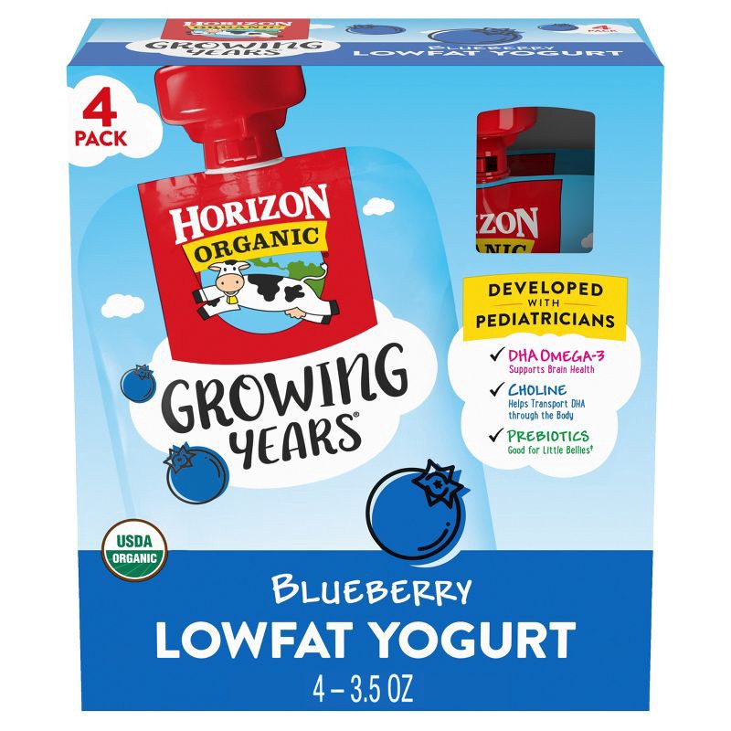 slide 1 of 8, Horizon Organic Growing Years Low Fat Blueberry Kids' Yogurt with DHA Omega-3 and Choline - 4ct/3.5oz Pouches, 4 ct; 3.5 oz