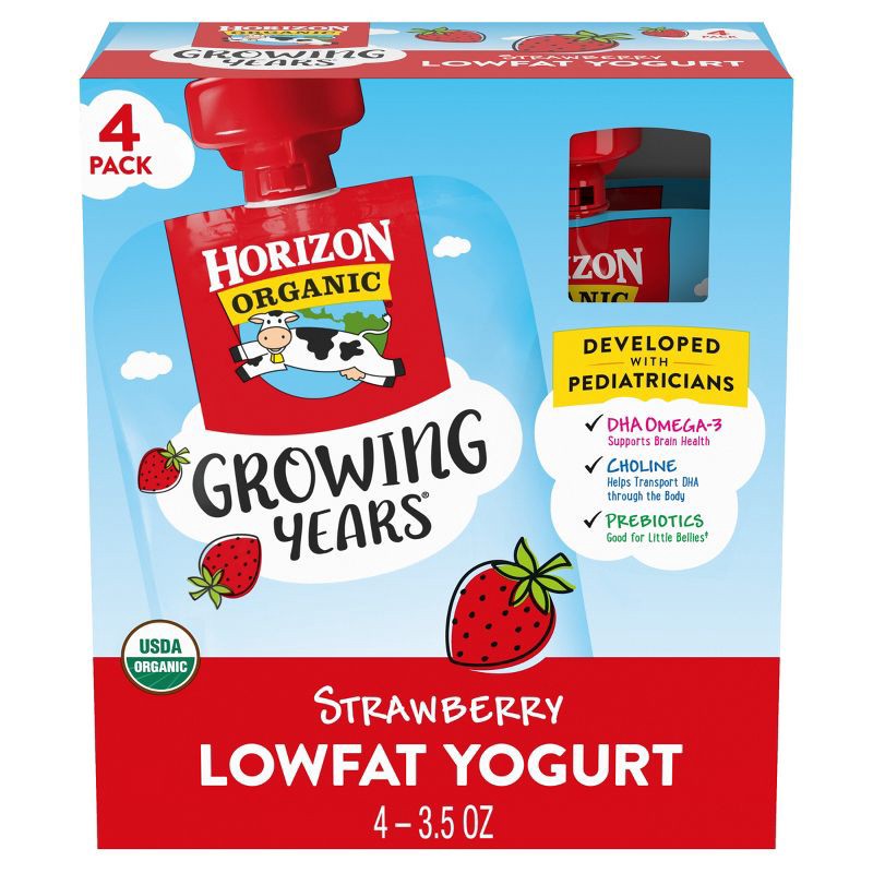 slide 1 of 8, Horizon Organic Growing Years Low Fat Strawberry Kids' Yogurt with DHA Omega-3 and Choline - 4ct/3.5oz Pouches, 4 ct; 3.5 oz