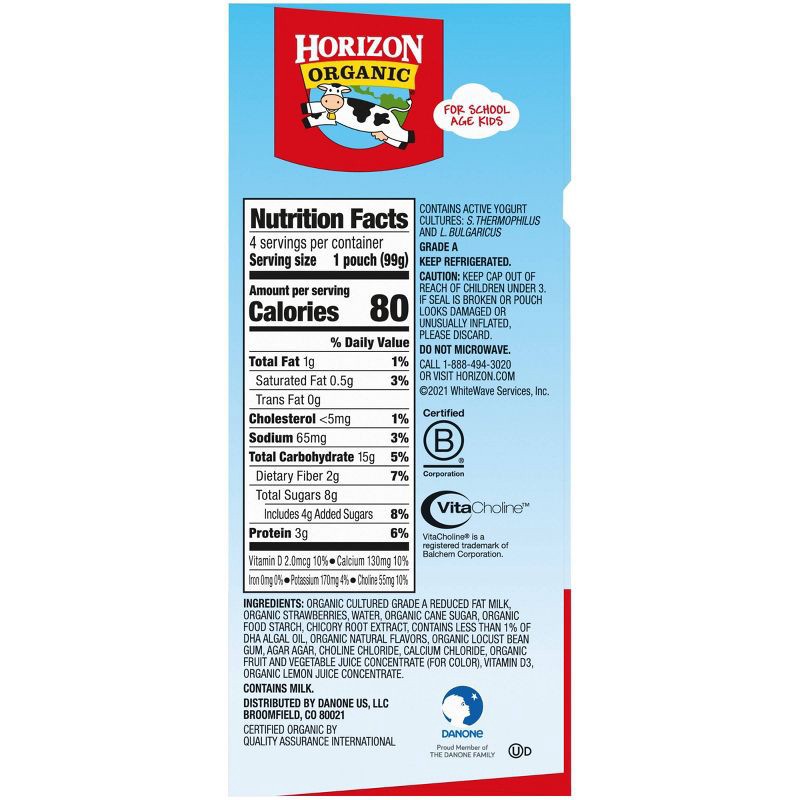 slide 5 of 8, Horizon Organic Growing Years Low Fat Strawberry Kids' Yogurt with DHA Omega-3 and Choline - 4ct/3.5oz Pouches, 4 ct; 3.5 oz