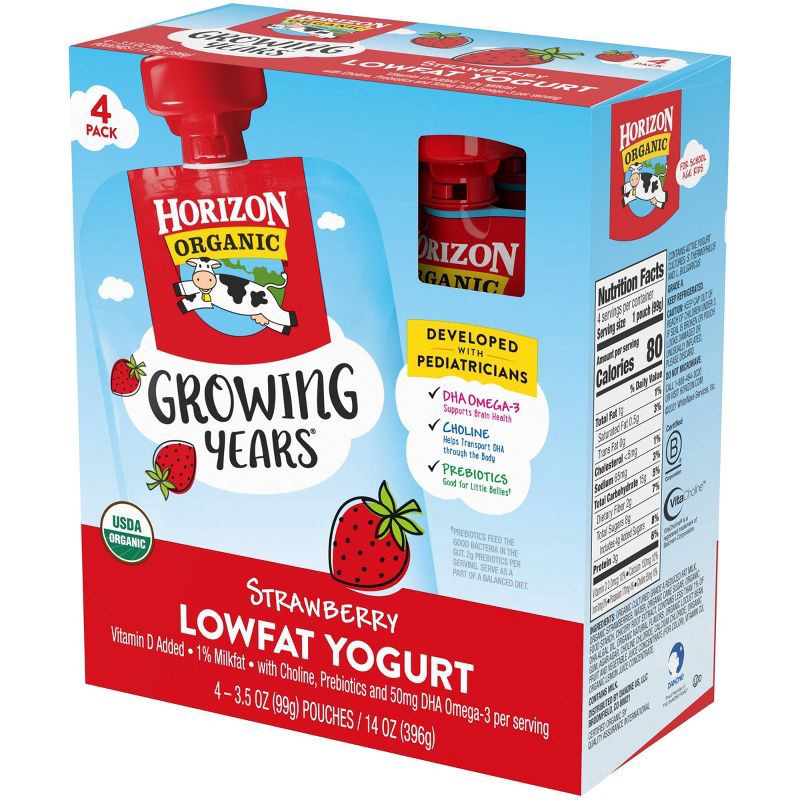 slide 6 of 8, Horizon Organic Growing Years Low Fat Strawberry Kids' Yogurt with DHA Omega-3 and Choline - 4ct/3.5oz Pouches, 4 ct; 3.5 oz