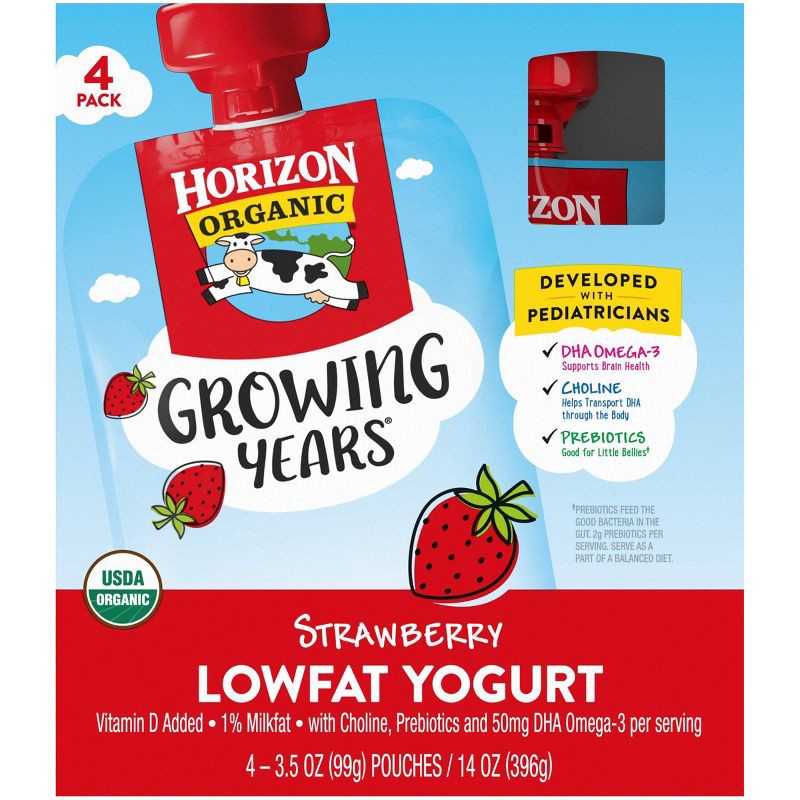 slide 8 of 8, Horizon Organic Growing Years Low Fat Strawberry Kids' Yogurt with DHA Omega-3 and Choline - 4ct/3.5oz Pouches, 4 ct; 3.5 oz