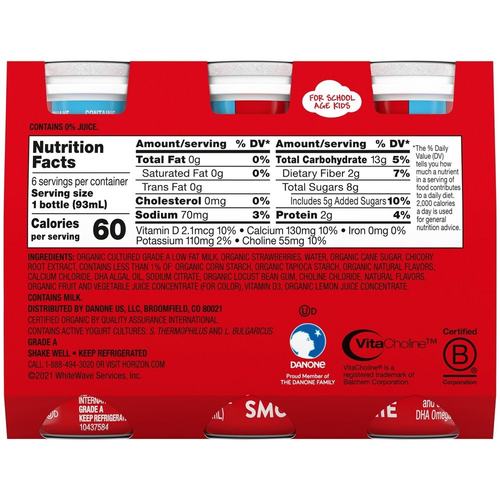 slide 2 of 7, DANNON Horizon Organic Growing Years Low Fat Strawberry Kids' Smoothies with DHA Omega-3 - 6ct/3.1 fl oz Bottles, 3 x 6 ct, 3.1 fl oz