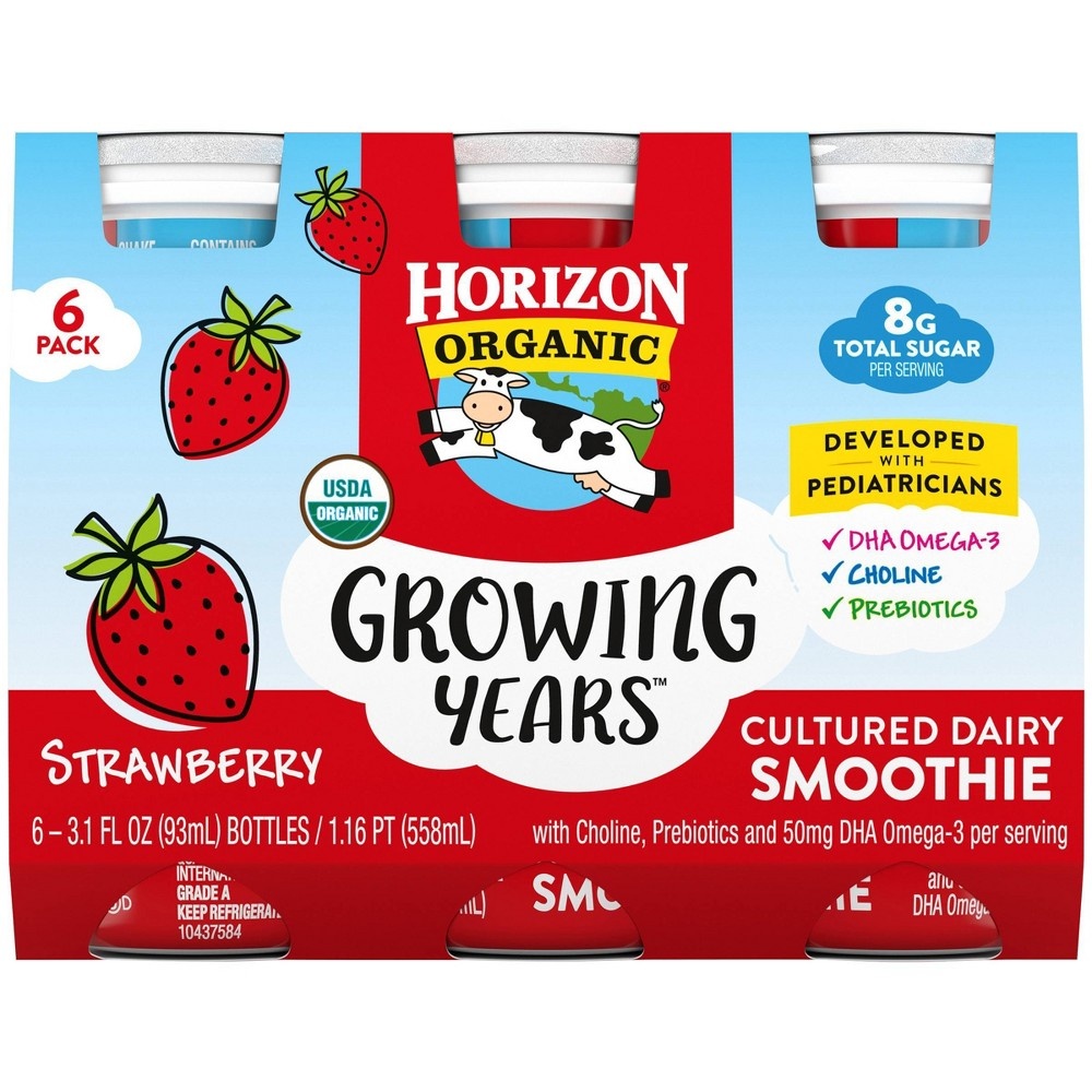 slide 3 of 7, DANNON Horizon Organic Growing Years Low Fat Strawberry Kids' Smoothies with DHA Omega-3 - 6ct/3.1 fl oz Bottles, 3 x 6 ct, 3.1 fl oz