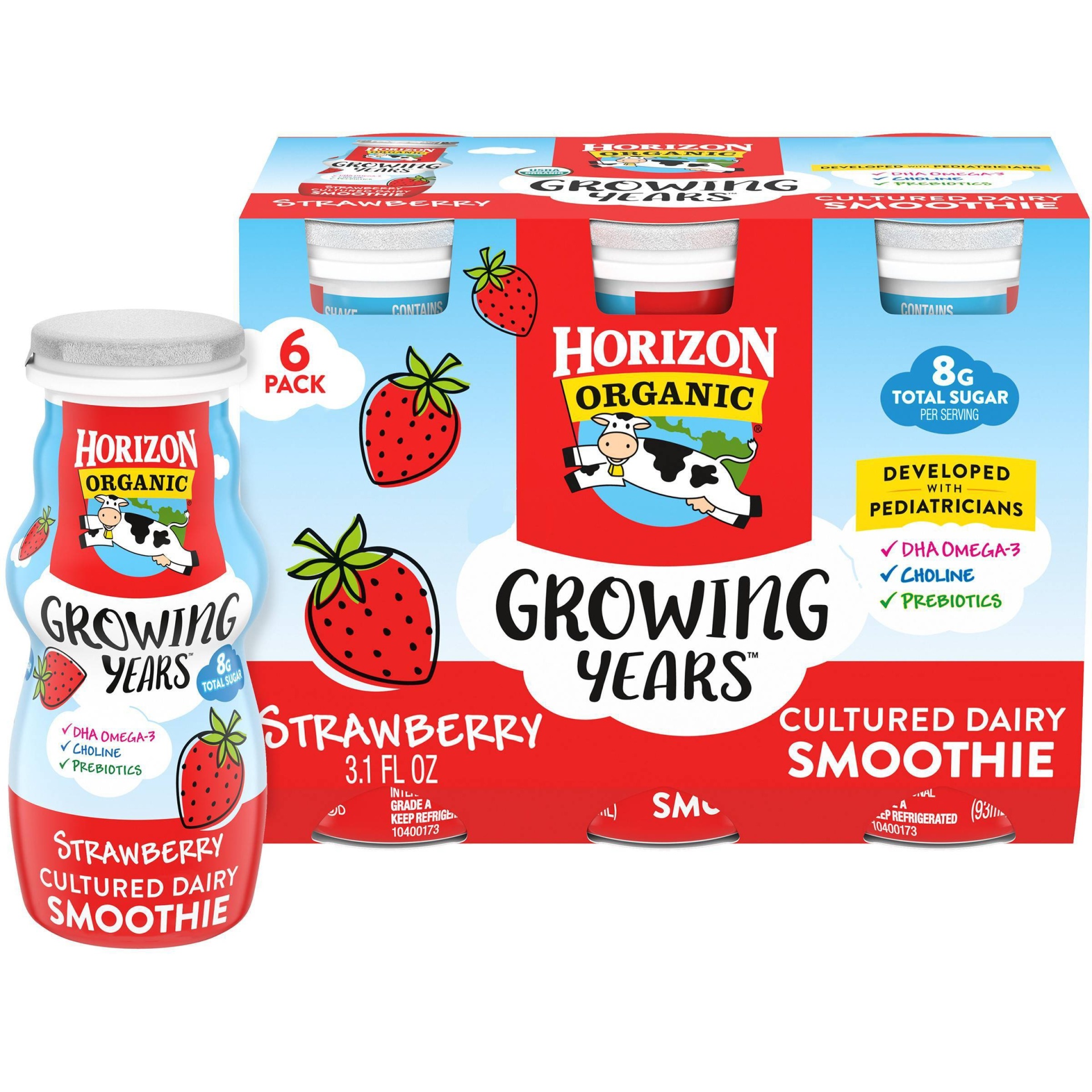 slide 1 of 7, DANNON Horizon Organic Growing Years Low Fat Strawberry Kids' Smoothies with DHA Omega-3 - 6ct/3.1 fl oz Bottles, 3 x 6 ct, 3.1 fl oz