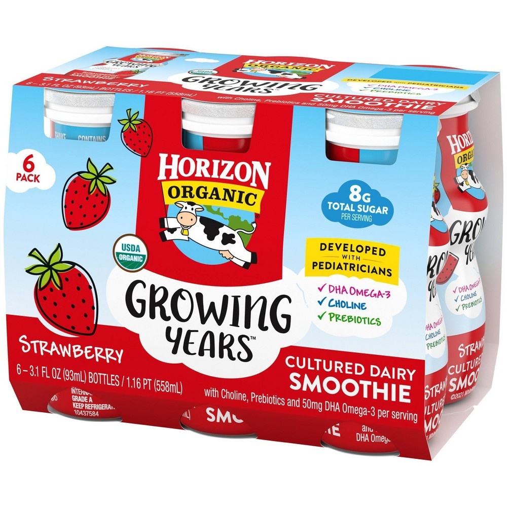 slide 5 of 7, DANNON Horizon Organic Growing Years Low Fat Strawberry Kids' Smoothies with DHA Omega-3 - 6ct/3.1 fl oz Bottles, 3 x 6 ct, 3.1 fl oz